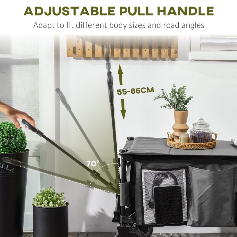 Outsunny Folding Garden Trolley, Cargo Trailer on Wheels, Collapsible Camping Trolley with Folding Board, Outdoor Utility Wagon with Steel Frame and Oxford Fabric, Dark Grey