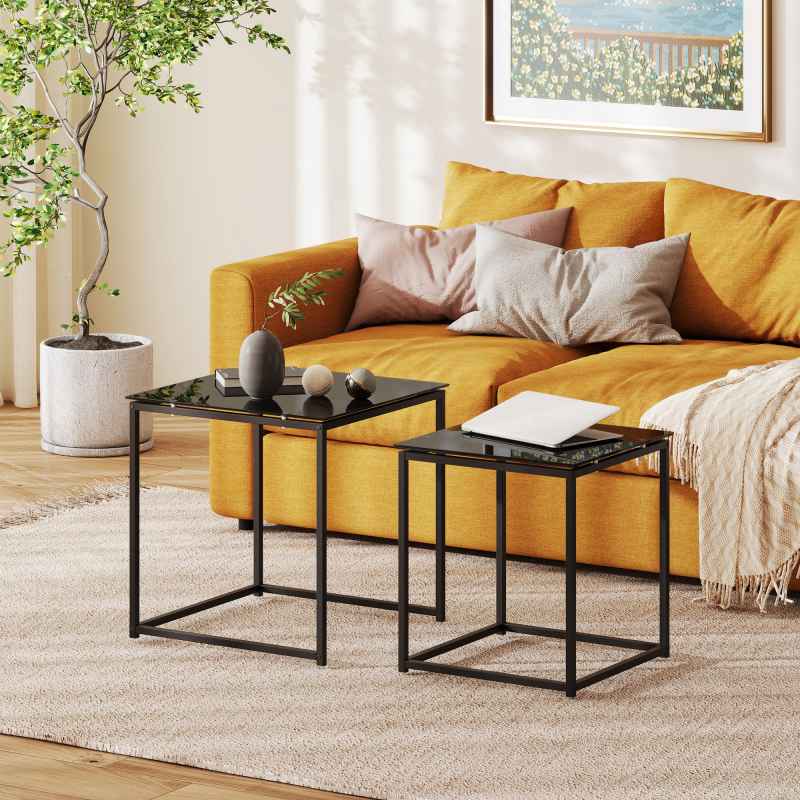 HOMCOM Nest of Tables, Set of 2 Coffee Table, Side Tables with Tempered Glass Desktop and Metal Frame for Living Room, Bedroom, Office