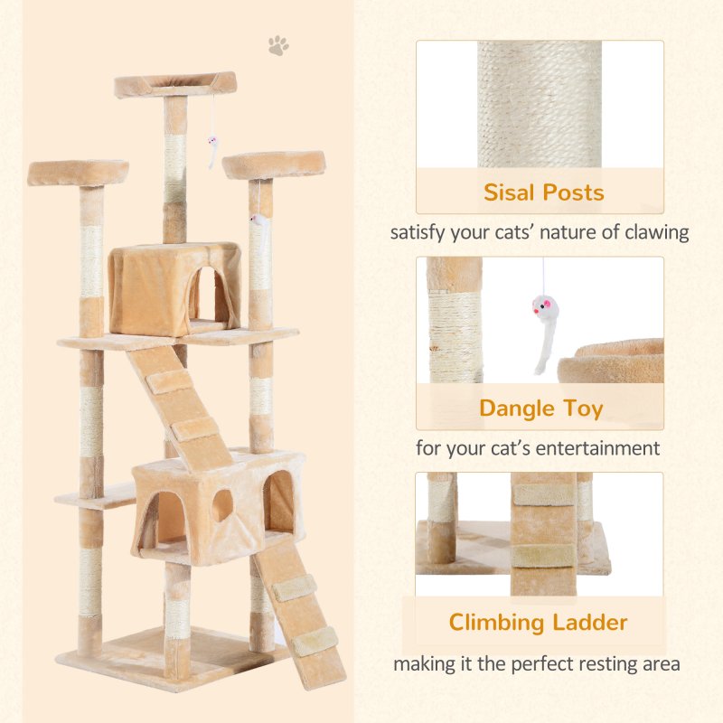 PawHut Cat Tree for Indoor Cats, 173 cm Cat Tower Scratching Post, Tall Climbing Tower, Activity Centre House, Cream