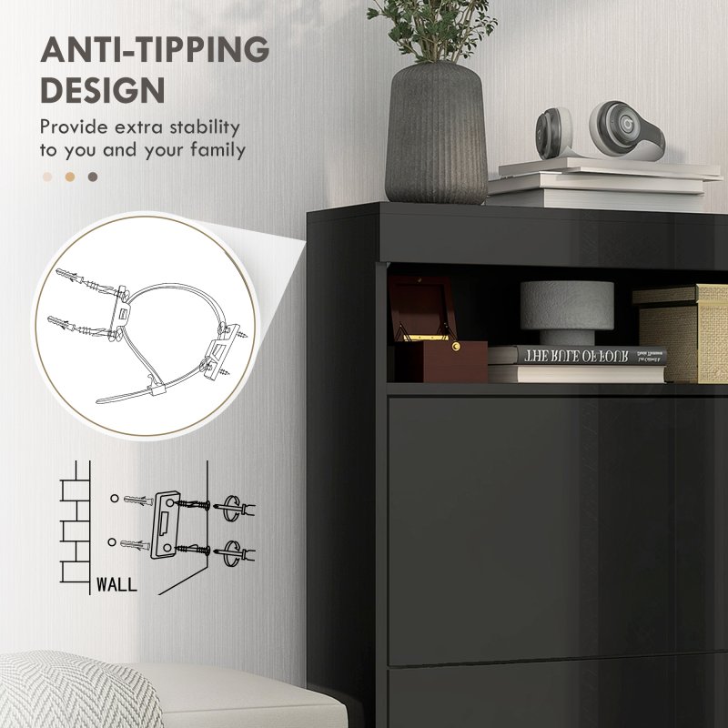 HOMCOM Narrow Shoe Cabinet, Wall Mounted or Freestanding Shoe Storage Cabinet with 2 Flip Drawers and Open Shelf for 12-16 Pairs of Shoes for Entryway, High Gloss