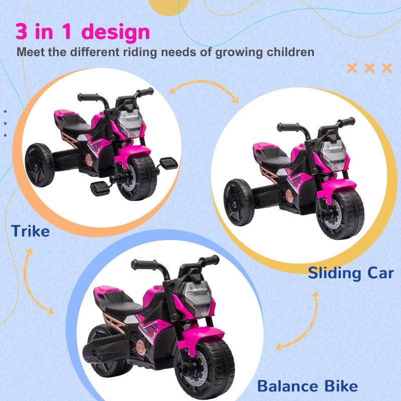 AIYAPLAY 3 in 1 Baby Trike, Tricycle, Balance Bike, Sliding Car, for ages 18-36 Months, 3-Wheel Motorcycle Design Ride On, Tricycle for Boys and Girls, with Headlights, Music, Horn - Pink