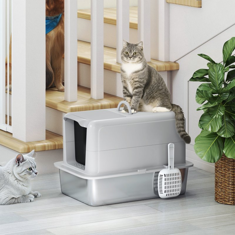 PawHut Stainless Steel Cat Litter Box, Extra Large Metal Cat Litter Tray with Lid, Scoop, Filter Bags, Grey