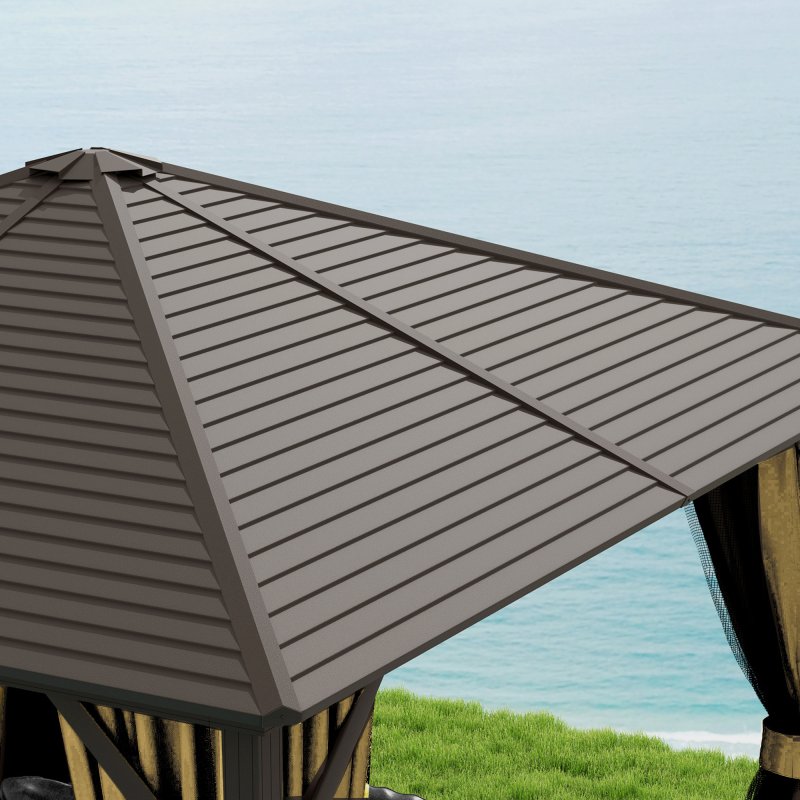 Outsunny 3 x 3 m Hardtop Gazebo with Netting and Curtains, Garden Gazebo Canopy Shelter with Metal Roof, Aluminium Frame, for Garden, Deck, Bronze Tone