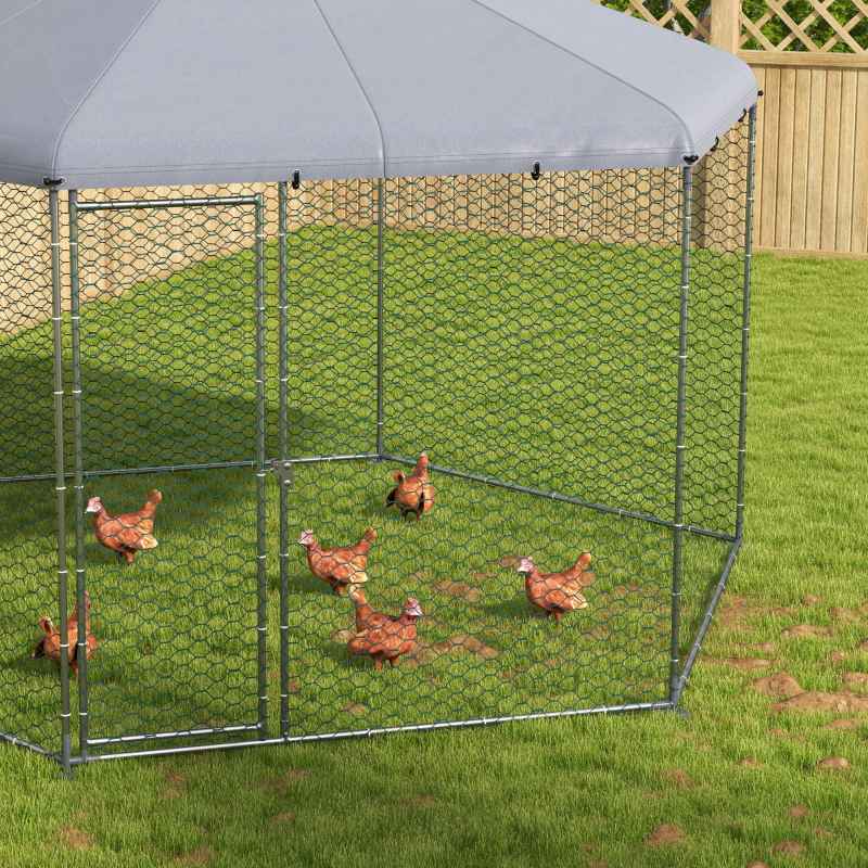 PawHut Walk in Chicken Run Chicken Coop Galvanised Outdoor Poultry Cage w/ Cover, for 10-15 Chickens, Hens, Rabbits, Ducks, 4 x 3.5 x 2.6m - Silver Tone