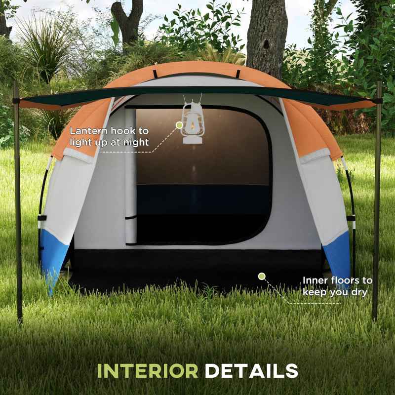 Outsunny 2-3 Man Camping Tent, Tunnel Tent with Weights, Bedroom and Living Room, 2000mm Waterproof, Portable with Bag, for Fishing Hiking Festival, Orange