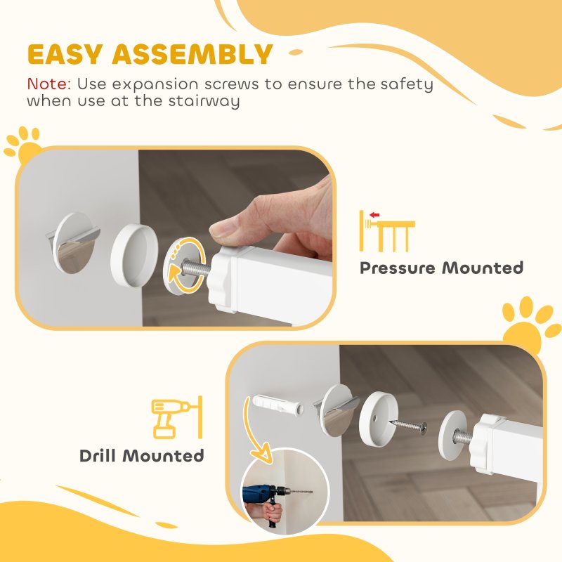 PawHut Dog Gate Wide Stair Gate w/ Door Pressure Fit Pets Barrier for Doorway, Hallway, 76H x 75-145W cm - White