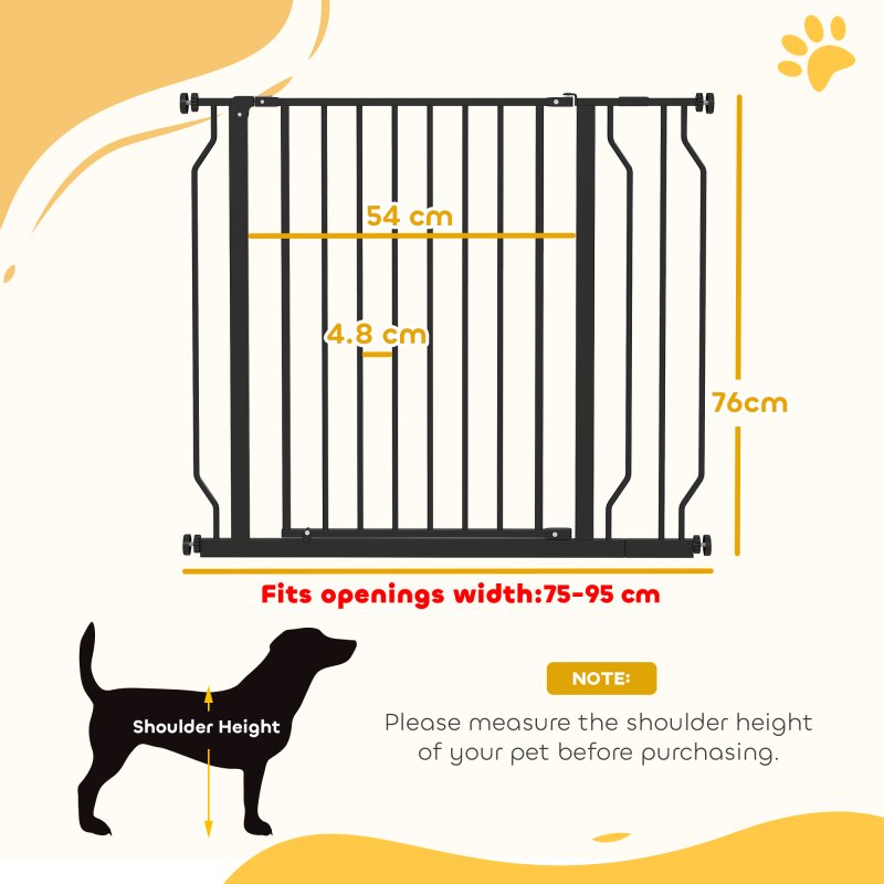 PawHut Dog Gate Wide Stair Gate w/ Door Pressure Fit Pets Barrier for Doorway, Hallway, 76H x 75-95W cm - Black