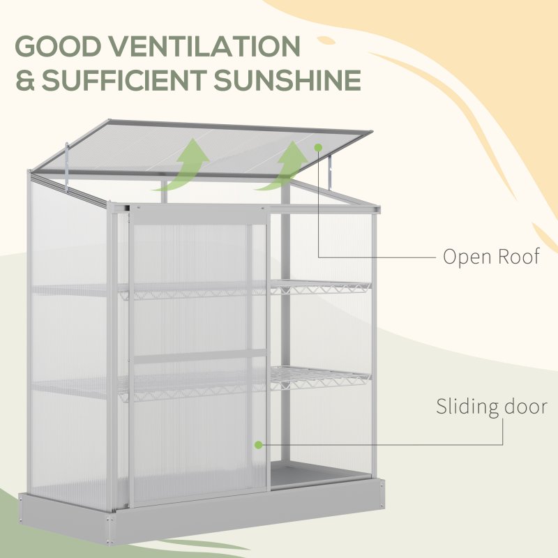 Outsunny 3 Tier Greenhouse Garden Outdoor Cold Frame Plant Flower Growth Transparent Polycarbonate Board Openable Roof Sliding Door w/ Foundation 131L x 58W x 140H cm