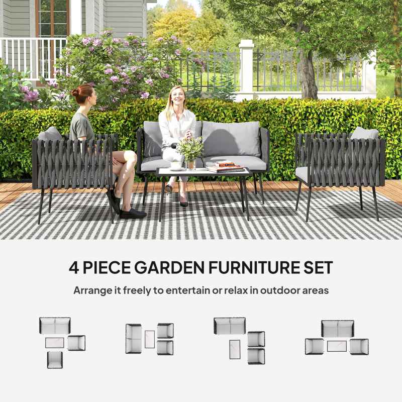 Outsunny 4 Piece Outdoor Garden Furniture Set with Cushions, 4 Seater Garden Sofa Set with Loveseat, Armchairs and Faux Marble Top Table, Outdoor Furniture Set for Patio, Conservatory, Light Grey