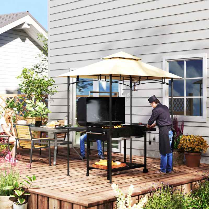 Outsunny 2.4 x 1.5 m (8' x 5') Grill Gazebo Canopy with LED Lights, Double Tiered Outdoor BBQ Gazebo Shelter with 2 Side Shelves, Storage Basket and Hooks for Garden, Barbecue, Picnic, Beige
