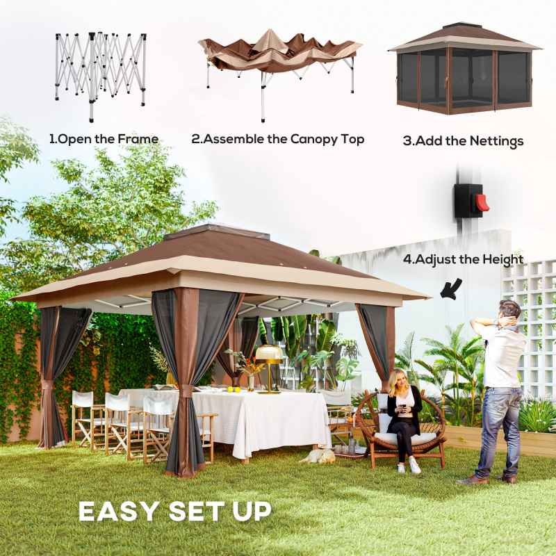 Outsunny 3.6 x 3.6m Pop Up Gazebo with Mesh Sides, UPF50+ Height Adjustable Party Tent Instant Event Shelter with Wheeled Carry Bag and Sand Bags for Garden, Patio, Brown