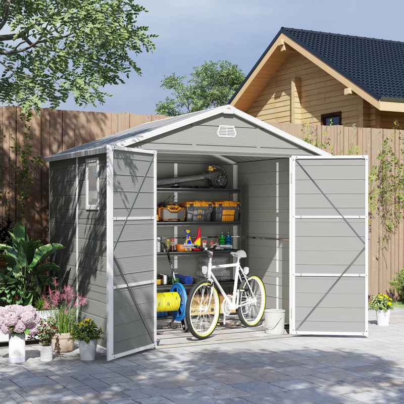 Outsunny 8 x 6ft Plastic Garden Storage Shed with Foundation Kit, Polypropylene Outdoor Storage Tool House with Ventilation Slots and Lockable Door, Light Grey