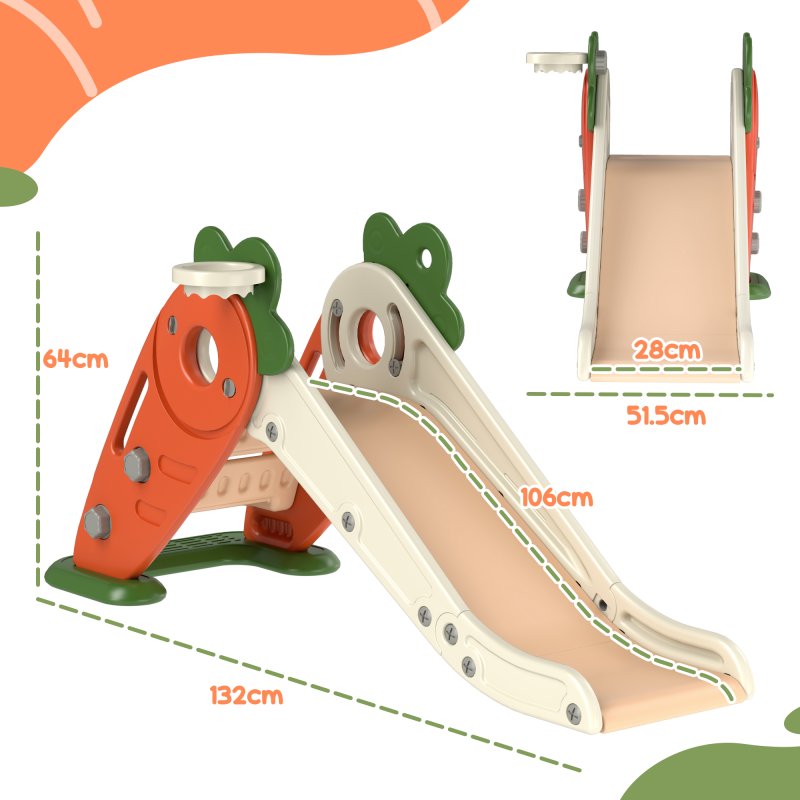 AIYAPLAY Kids Slide, 3 in 1 Foldable Toddler Slide with Basketball Hoop, Climber, Carrot-themed Indoor Slide for 1-3 Years Old, Orange