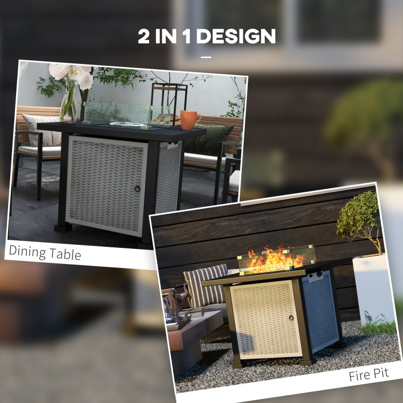 Outsunny Square Propane Gas Fire Pit Table, 50000 BTU Rattan Smokeless Firepit Patio Heater with Glass Screen, Glass Beads and Lid, 81cm x 81cm x 64cm, Grey