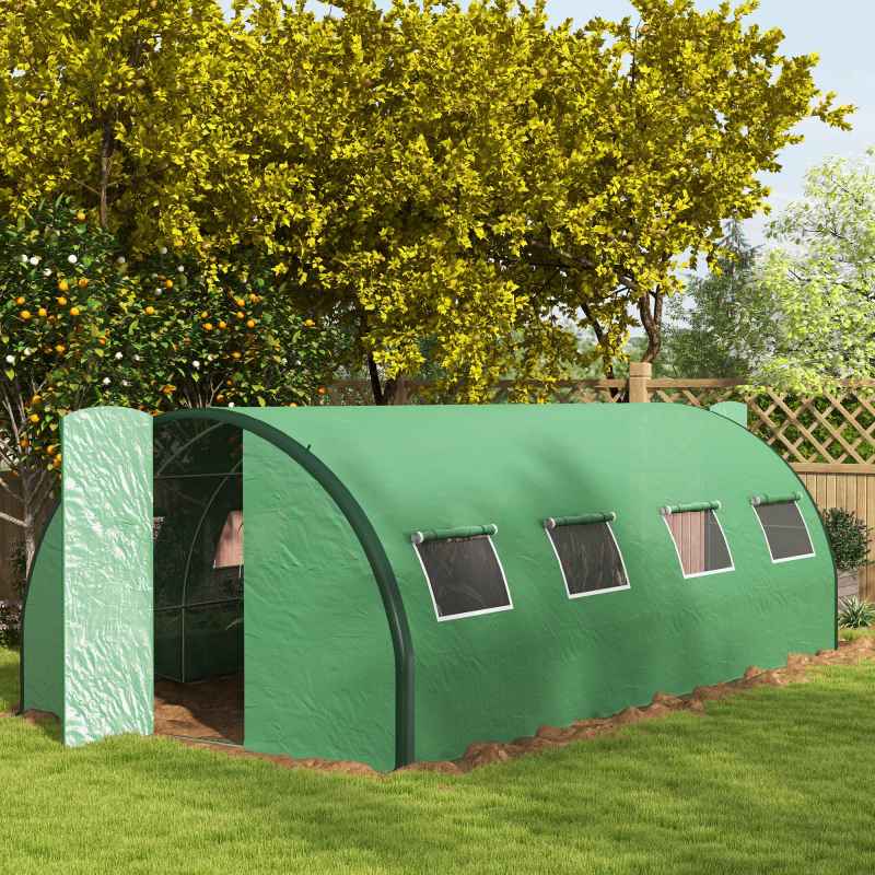Outsunny 6 x 3(m) Walk-in Polytunnel Greenhouse with Upgraded Structure, 2 Hinged Doors, 8 Mesh Windows, Tunnel Warm House Tent with UV-resistant PE Cover, Green