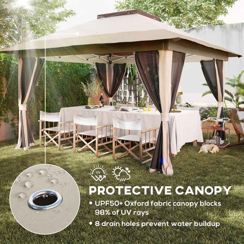 Outsunny 3.6 x 3.6m Pop Up Gazebo with Mesh Sides, UPF50+ Height Adjustable Party Tent Instant Event Shelter with Wheeled Carry Bag and Sand Bags for Garden, Patio, Beige