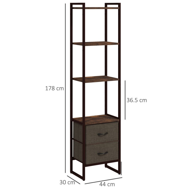 HOMCOM Industrial Bookshelf, Slim Storage Shelf with 2 Fabric Drawers and 4-tier Shelving Unit, Narrow Display Rack for Living Room, Home Office, Rustic Brown