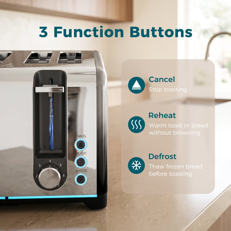 HOMCOM 4 Slice Toaster with 7 Browning Levels, Reheat, Defrost and Cancel Functions, Self-Centring Slots, Auto Shut-Off, Removable Crumb Tray, 1860W, Black