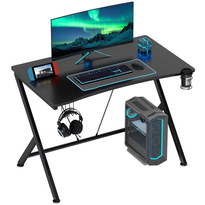 HOMCOM Gaming Desk 108 x 66 cm PC Computer Desk with Whole Board, A Shaped Gaming Table for Home Office with Cup Holder and Headphone Hook, Black