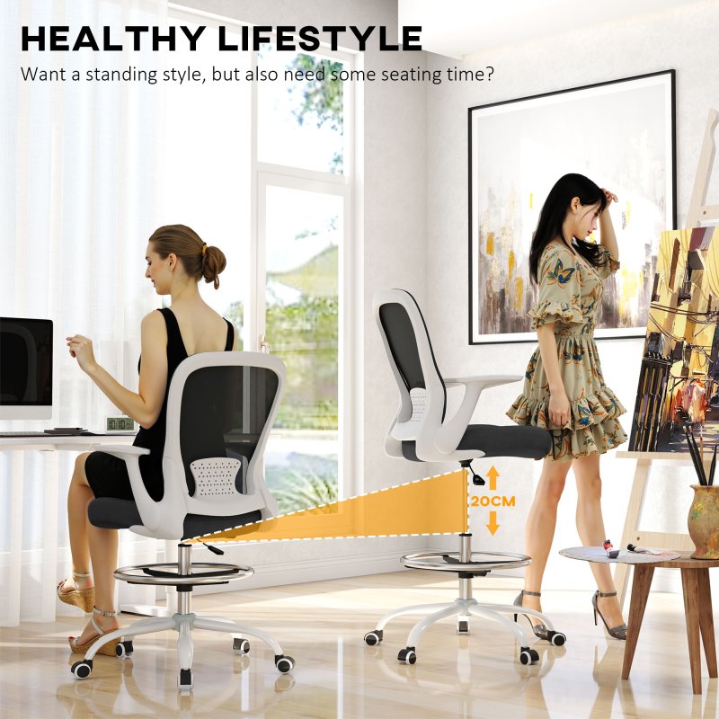 HOMCOM Drafting Chair, Swivel Draughtsman Chair, Ergonomic Office Chair, Mesh Standing Desk Chair with Flip-up Armrest, Lumbar Support, Adjustable Foot Ring, Black and White