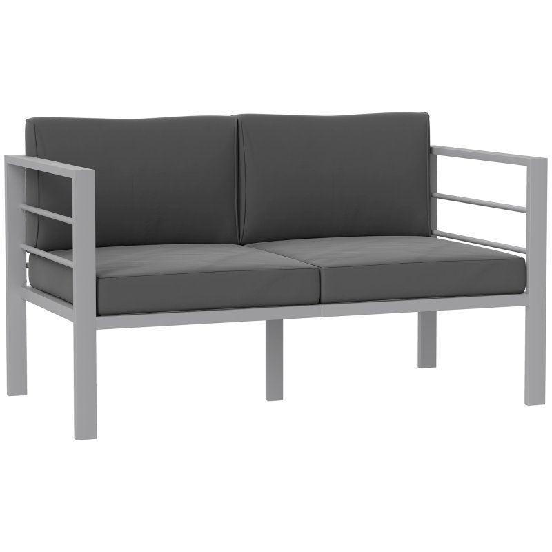 Outsunny 2 Seater Garden Sofa, All-Weather Garden Loveseat with Removable Cushions, Metal Frame Outdoor Furniture for Balcony, Charcoal Grey