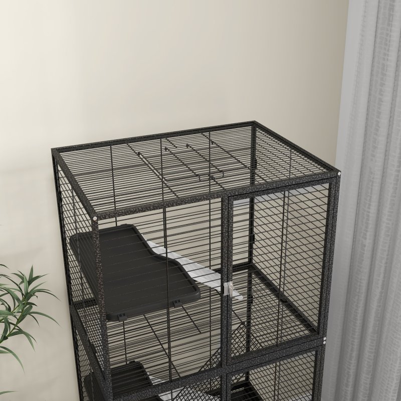 PawHut Ferret Cage Rolling Small Animal Cage 4 Levels Pet Cage 136cm Height for Chinchillas, Squirrels with 3 Doors, Storage Shelf, Tray, Bowl, Water Bottle, Ramps - Charcoal Grey