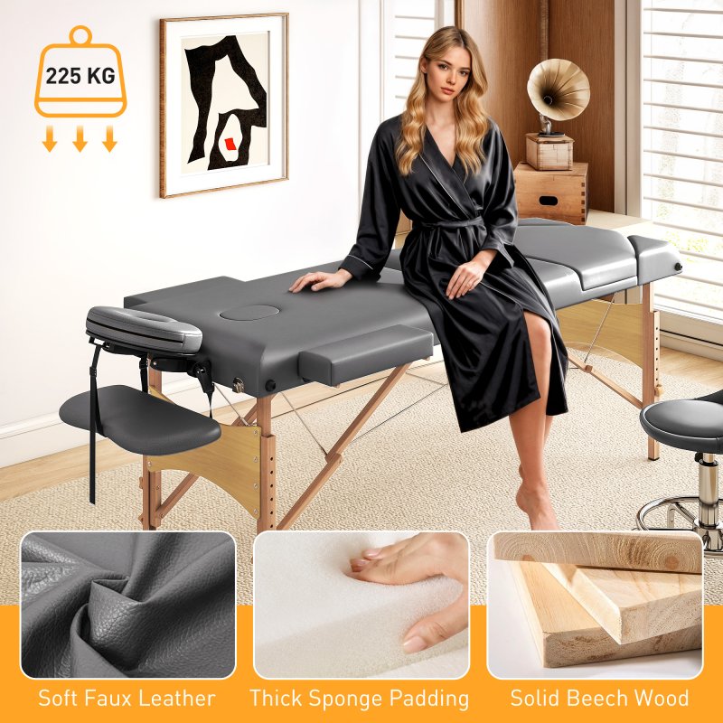 HOMCOM Portable Massage Table, 3 Section Adjustable Beauty Bed, Wooden Foldable Massage Bed with Face Cradle, Padded Armrests for Spa, Lash, Tattoo, Grey