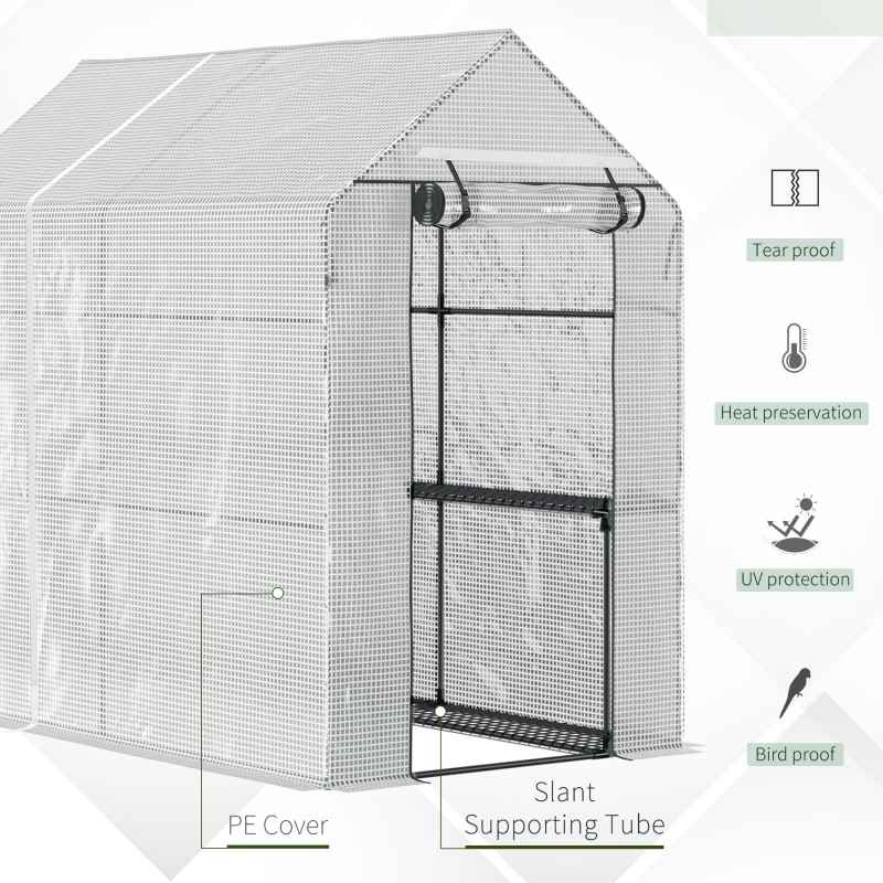 Outsunny Walk In Greenhouse with 2-Tier Shelves, Roll up Zip Panel Door, Garden Polytunnel Steeple Grow House for Outdoor, 6 x 4 x 6ft White