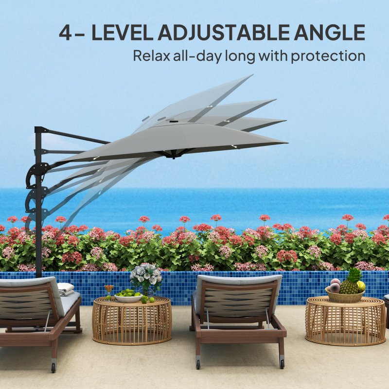 Outsunny 3(m) Cantilever Garden Parasol with Solar Powered Lights, Fibreglass Ribs, Crank Handle & Cross Base, UPF 50+, 360 Rotation, Overhanging Patio Umbrella for Patio Market, Dark Grey
