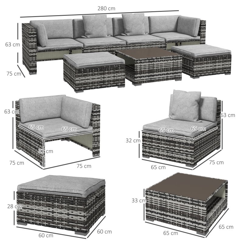 Outsunny 7 Pieces PE Rattan Garden Sofa Set Patio Furniture Set with Glass Table, Stools, Cushions, Pillows, for Outdoor Balcony, Mixed Grey