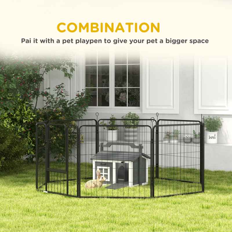 PawHut Rabbit Hutch Cat House Puppy House Guinea Pig Hutch Small Animal House Portable Wooden Indoor Outdoor with 2 Rooms Top Handle, Openable Roof - Grey