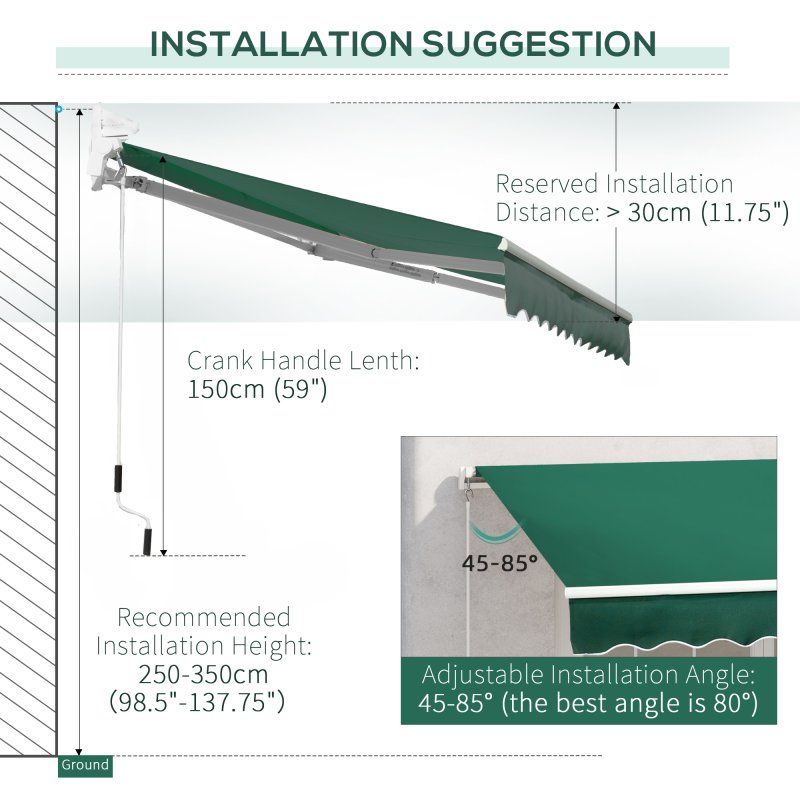 Outsunny 3 x 2m Manual Window Awning Canopy Garden Outdoor Shelter Patio Sun Shade UV Blocker Light Weight Aluminium Frame w/ Hand Crank Green