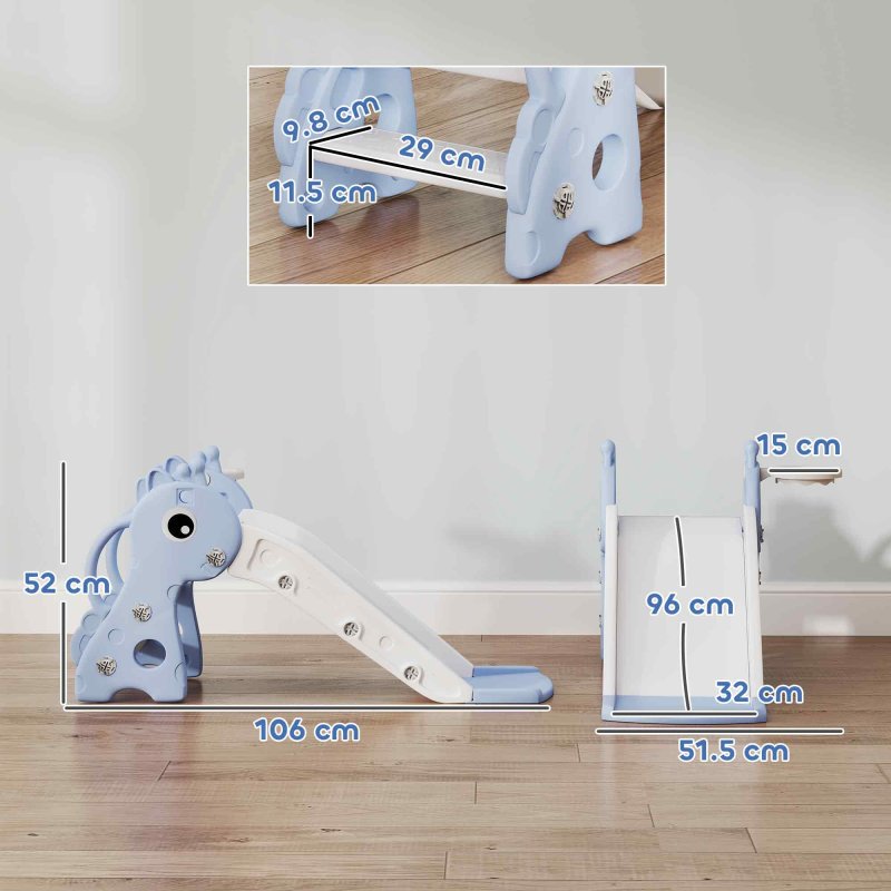 AIYAPLAY 3 in 1 Kids Slide, Giraffe Shape Toddler Slide with Climber, Basketball Hoop and Ball, Indoor Playground Equipment for Age 1-3, Blue