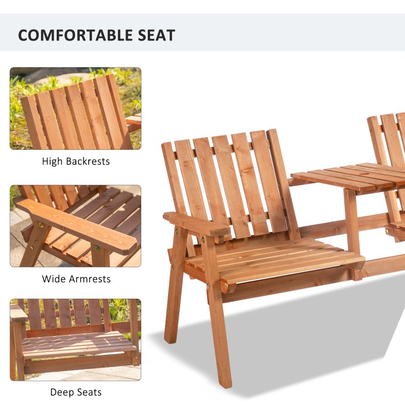 Outsunny 2-Seater Wooden Garden Bench, Antique Loveseat Chair with Table & Parasol Hole, Outdoor Bench for Porch, Patio, Orange