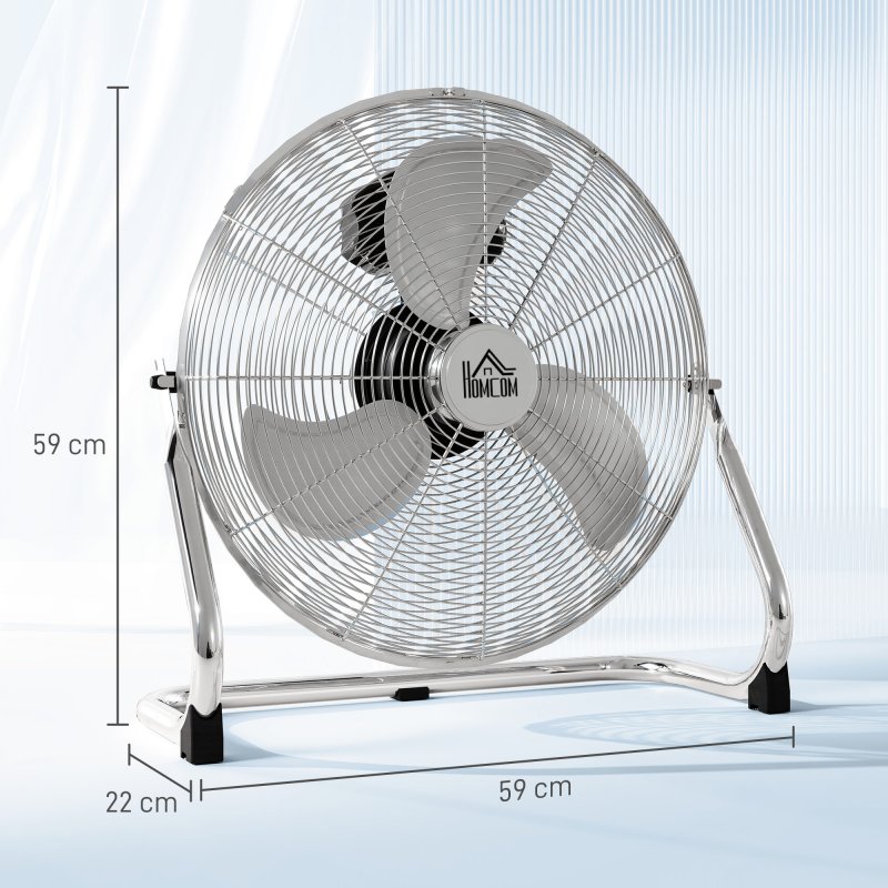 HOMCOM 20 Inches Chrome Metal Floor Fan, High Velocity 3-Speed Home Gym with Adjustable Head, Portable Desk & Table Fan Air Circulator for Home Office, Powerful Airflow, Quiet Operation