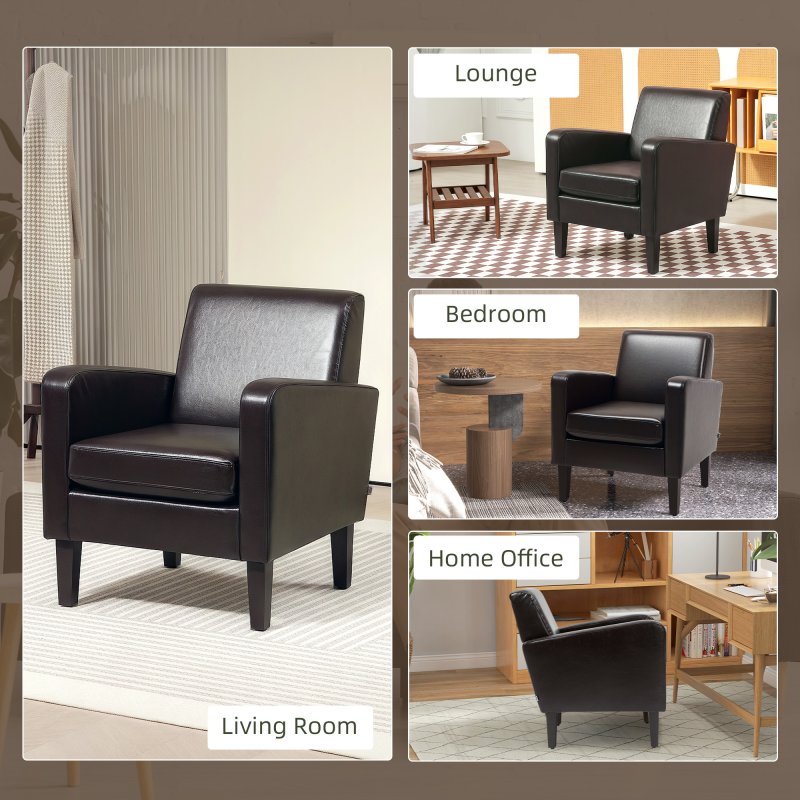 HOMCOM Modern Wingback Living Room Chair, Upholstered PU Leather Accent Armchair,  Single Sofa Chair with Lounge Seat and Wood Legs for Bedroom/Office/Reading Spaces, Brown