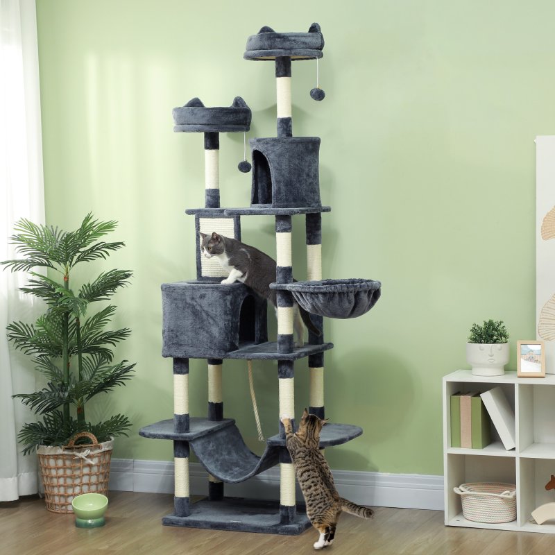 PawHut Cat Tree, 206cm Cat Tower with Sisal Scratching Posts and Board, Beds, Condos, Platforms, Hammocks, Toy Balls & Rope, Anti-Tip Kit, Kitten Activity Centre for Indoor, Dark Grey