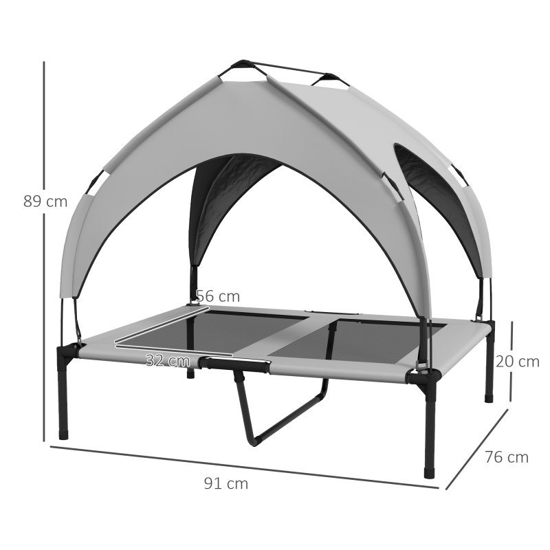 PawHut Cooling Raised Dog Bed, Elevated Pet Bed with Breathable Mesh, UV Protection Canopy, Foot Pads, for Indoor Outdoor, Medium, Large Dogs, 91 x 76 x 89cm - Light Grey