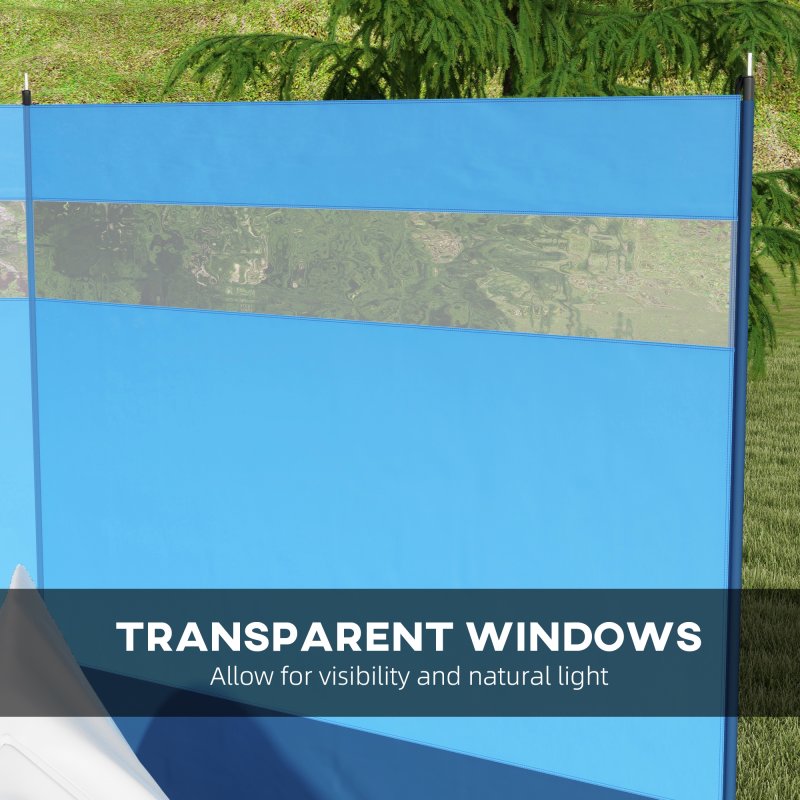 Outsunny Camping Windbreak, 4 Pole Windbreaker Blocker with Clear Windows, Carry Bag and Steel Poles, for Beach Caravan Campervan, 440 x 140cm, Blue