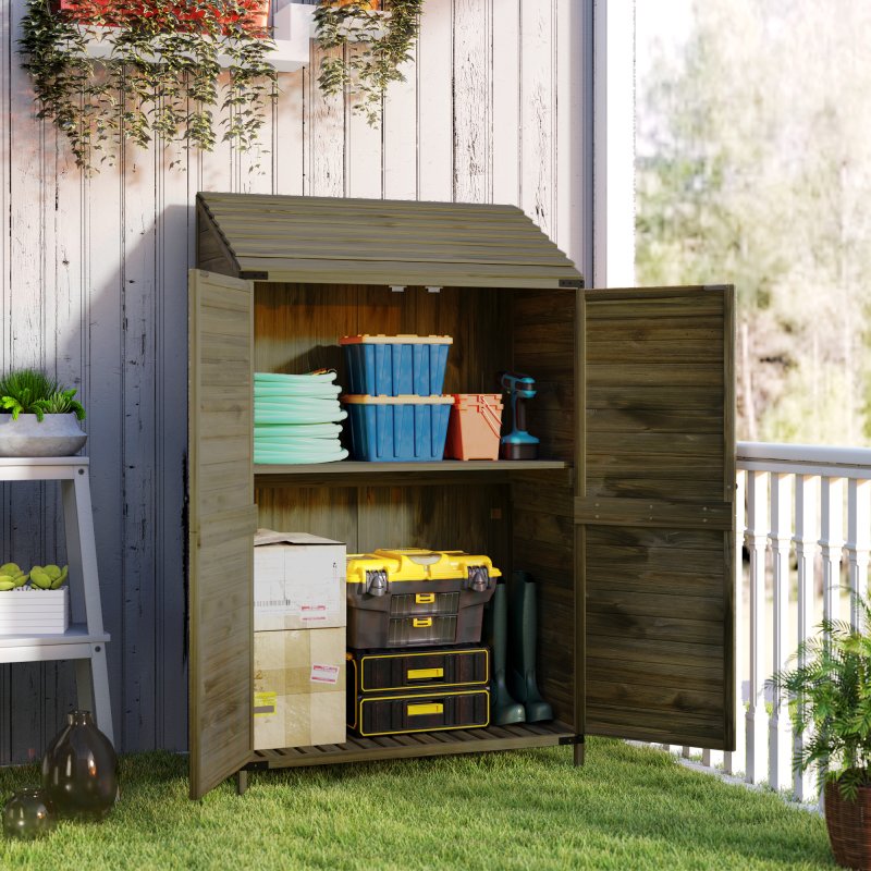 Outsunny Lean-to Small Shed, Tall Wooden Garden Shed with Slatted Bottom, Magnetic Doors, Double Shelves, Outdoor Tool Log Store, 103.5 x 59 x 174.5 cm, Olive Brown