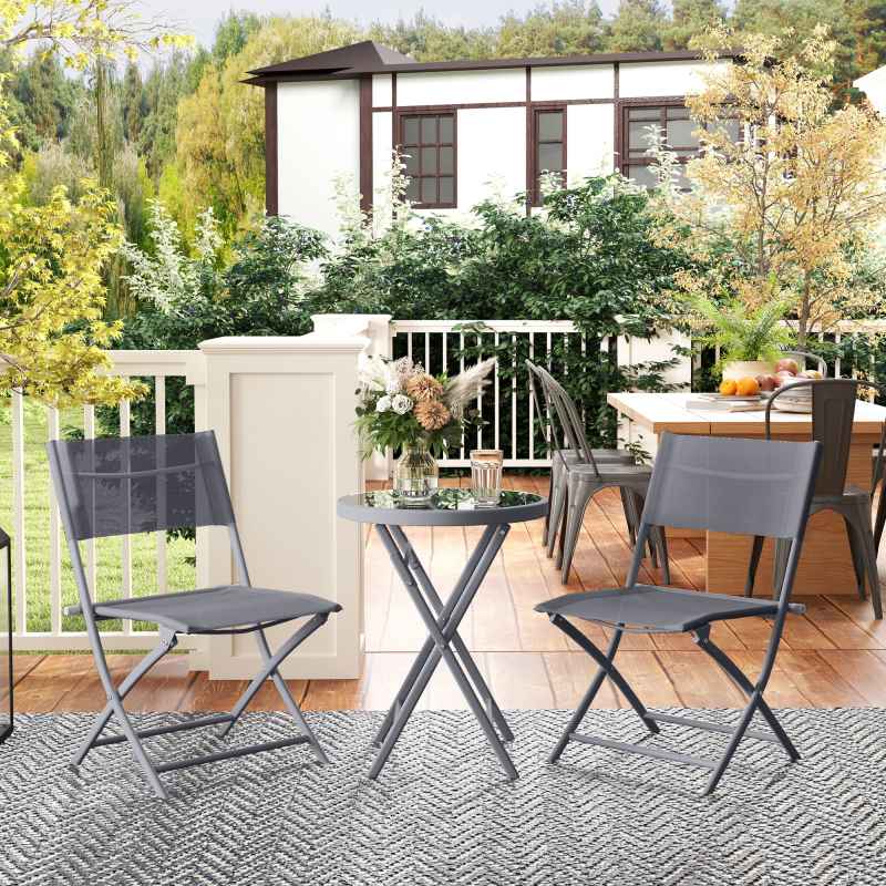 Outsunny 3 Pieces Outdoor Bistro Set, Glass Top Outdoor Table and 2 Folding Chairs, Garden Furniture Set with Protecting Feet, Steel Frame, Easy Clean, Grey