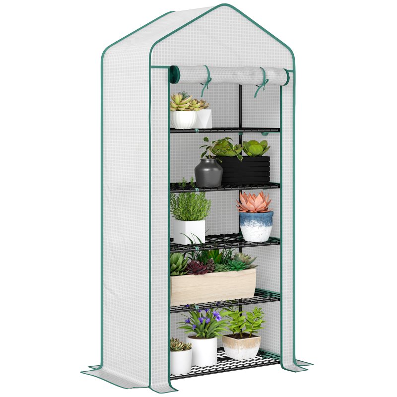 Outsunny 5 Tier Widened Mini Greenhouse with Reinforced PE Cover, Portable Indoor Outdoor Green House with Roll-up Door and Wire Shelves, 193H x 90W x 49Dcm, White