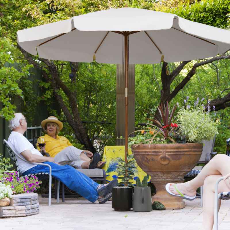 Outsunny 3.3m Wooden Garden Parasol Umbrella, Outdoor Sun Shade Canopy with 8 Bamboo Ribs, Ruffles and 4.7 cm Wood Pole for Balcony Deck Yard Market Beach Pool, Cream White
