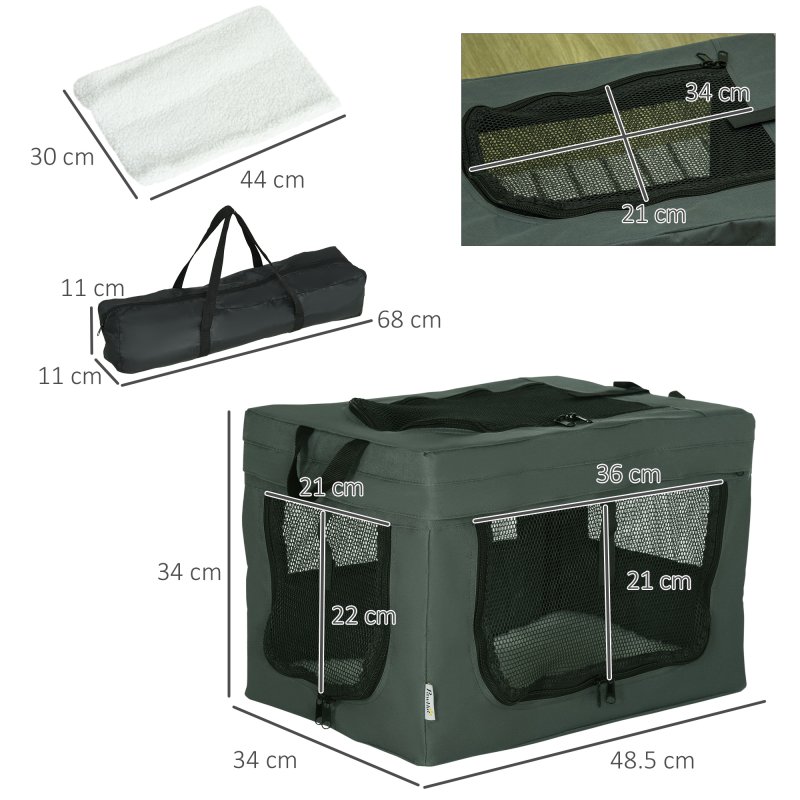 PawHut 48.5cm Pet Carrier for Miniature Dogs, Portable Cat Carrier Soft Side Pet Travel Crate with Removable Mat, Carry Bag, Breathable Mesh Window Door - Grey