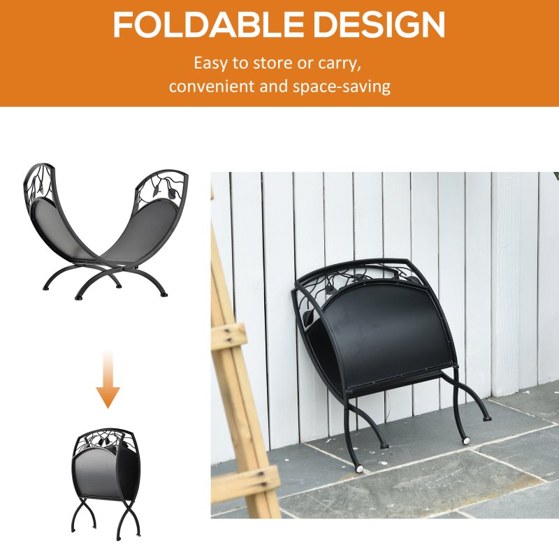 Outsunny Metal Arced Firewood Log Holder Indoor Outdoor Folding Firewood Rack Fireplace Wood Storage Shelf w/ Leaf Pattern Design, Black, 43.5W x 36.5D x 41H cm