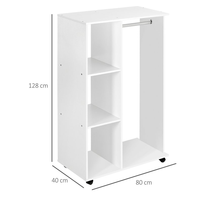 HOMCOM Open Wardrobe on Wheels, Bedroom Wardrobe with Clothes Hanging Rail, 3 Storage Shelves, Mobile Garment Rack for Cloakroom, Hallway, White