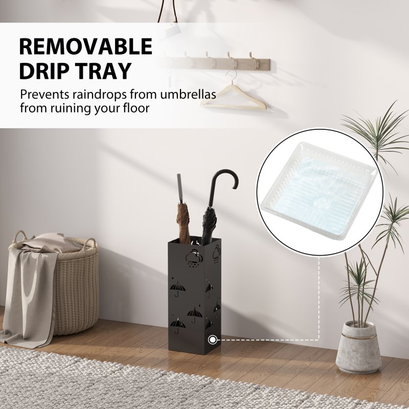 HOMCOM Metal Umbrella Stand, Square Umbrella Holder with Removable Drip Tray and 4 Hooks, Decorative Umbrella Storage Rack for Hallway, Entryway, 15.5 x 15.5 x 41 cm, Black