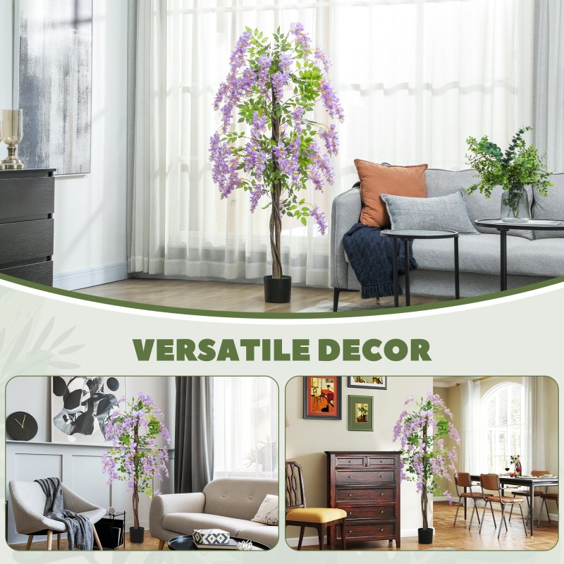 HOMCOM Artificial Wisteria Flower, Tall Fake Plant with 756 Leaves and 54 Flowers in Pot, Decorative Artificial Plant for Home Indoor Decor, 180 cm, Purple