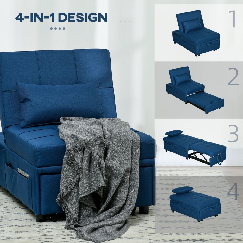 HOMCOM Convertible Chair Bed with Padding Seat, 4-in-1 Multi-Functional Sleeper Sofa Bed, Recliner with Adjustable Backrest, Side Pocket, Wheels and Pillow, for Living Room