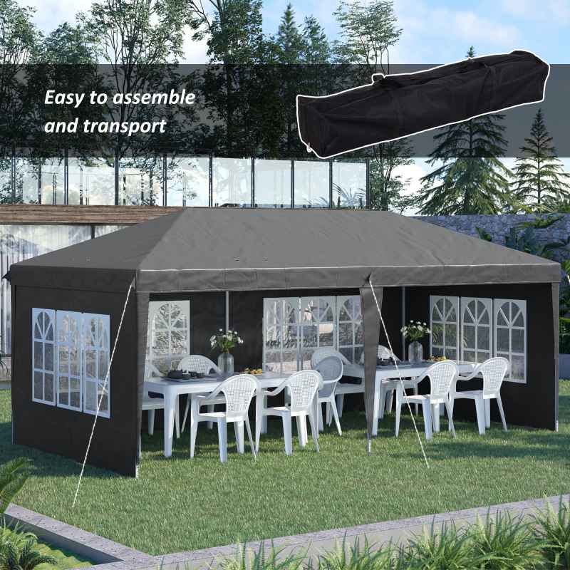Outsunny 3 x 6m Garden Pop Up Gazebo, Height Adjustable Marquee Party Tent with Sidewalls, Storage Bag, Grey